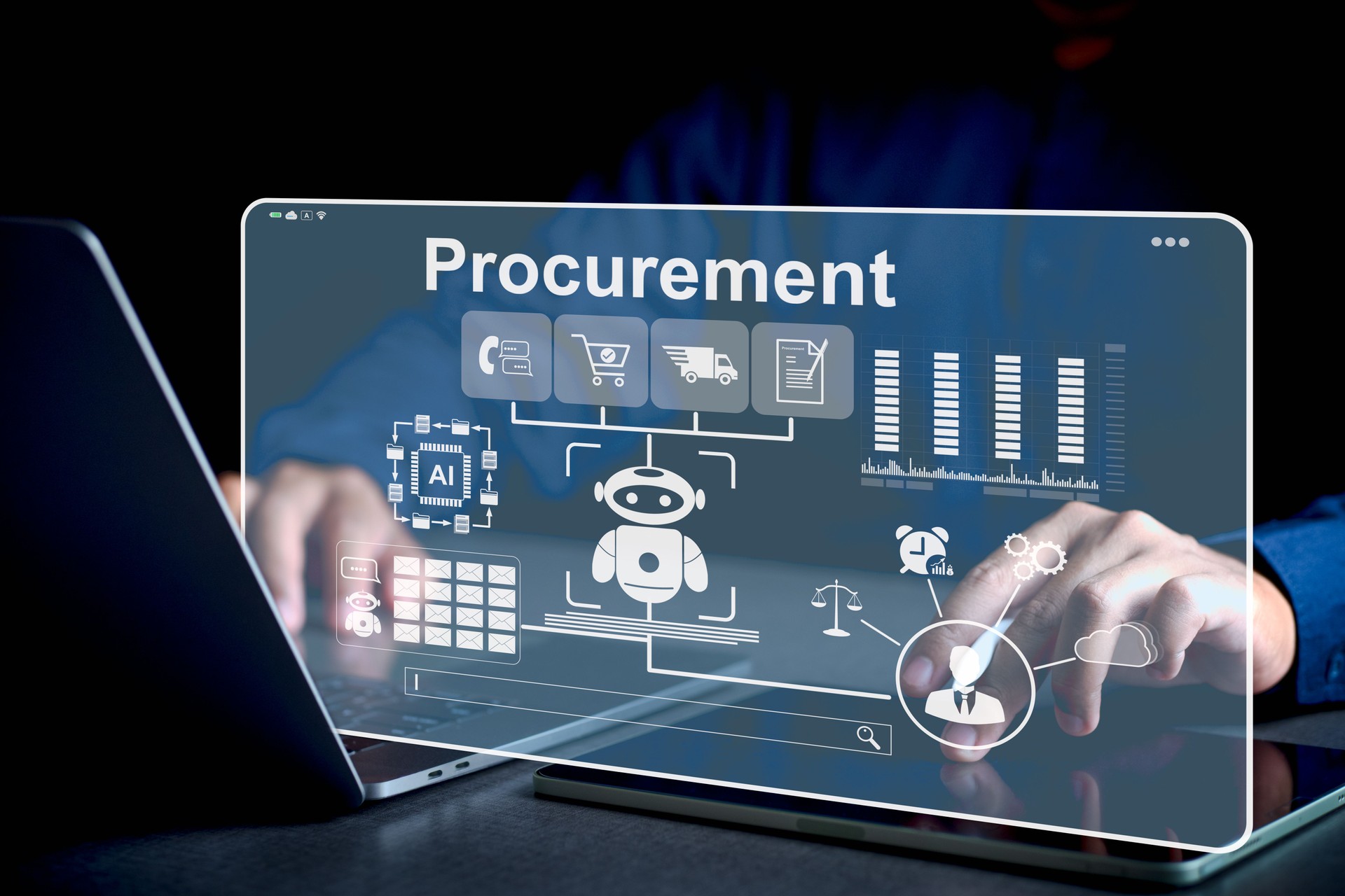 Entrepreneurs using digital procurement systems combined with AI technology to manage their supply chains, reducing redundant work with AI and data analytics for business efficiency.